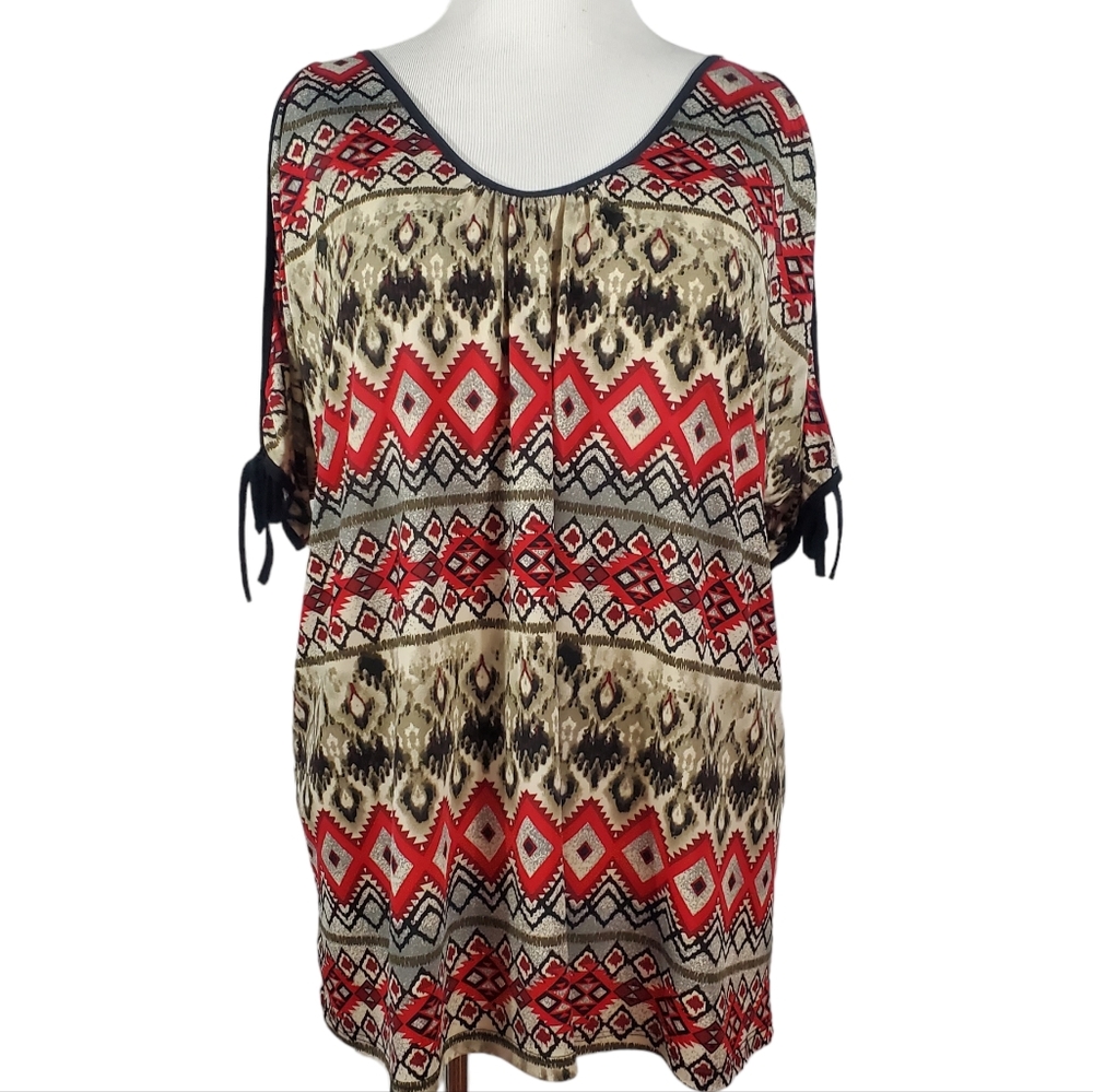 Pretty Young Thing Plus 3X Cold shoulder Blouse Top Aztec Red Brown Black